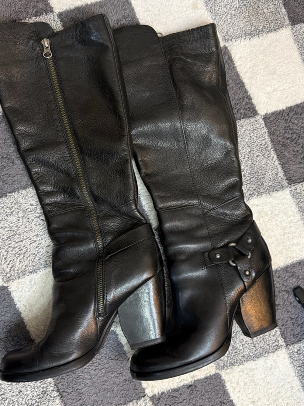 Kork-ease Women's Black Leather Knee-High Heeled Boots with Buckle Accent